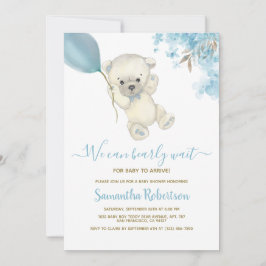 Invitación Teddy Polar Oso Blue Balloon Boy Baby Shower