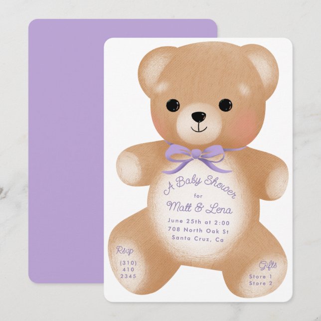 Invitación Teddy Purple Bow Baby Shower (Anverso / Reverso)