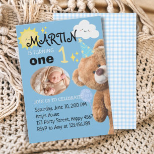 Invitación TeddyBear Personalizado azul foto niño primer cump