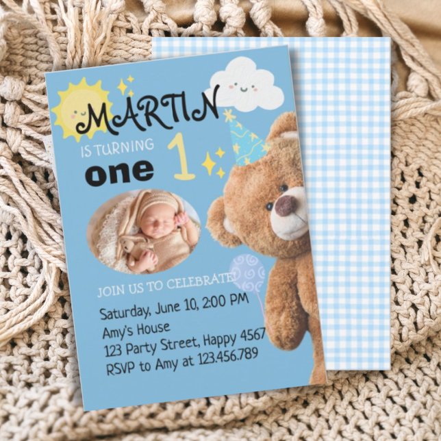 Invitación TeddyBear Personalizado azul foto niño primer cump (Subido por el creador)