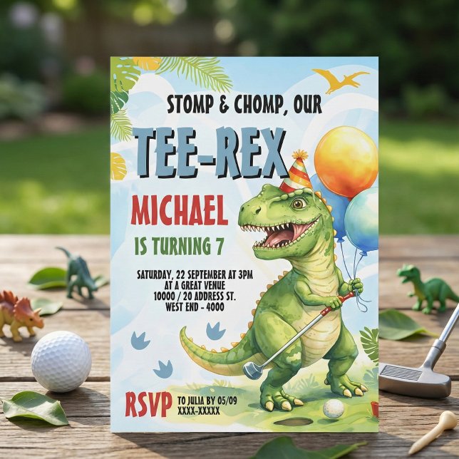 Invitación Tee-Rex Golf Dinosaur Mini Golf Fiesta de Cumpleañ (Swing into action with this adorable "Tee-Rex" golf birthday party invitation! )