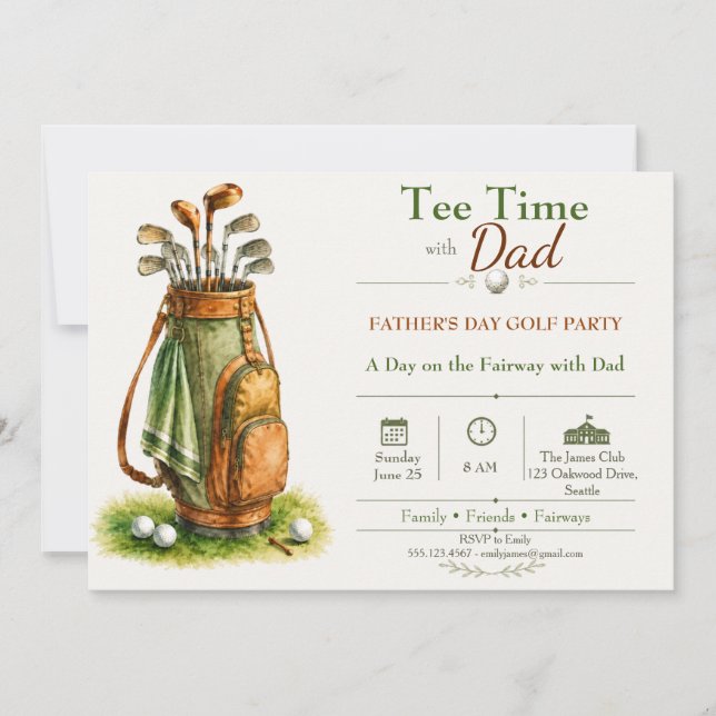 Invitación Tee Time con Papá Fiesta de Golf del Día del Padre (Anverso)
