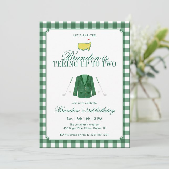 Invitación Teeing Up To Two Golf 2nd Birthday Green Gingham (Anverso de pie)