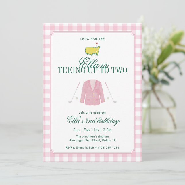 Invitación Teeing Up To Two Golf 2nd Birthday Pink Gingham (Anverso de pie)