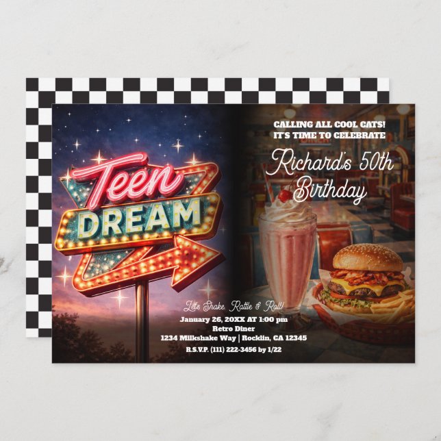 Invitación Teen Dream Retro 50's Style Diner Birthday Party (Anverso / Reverso)