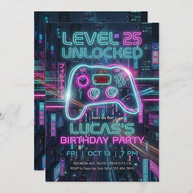 Invitación Teen Gamer Birthday Invitation Cyberpunk Game  (Anverso / Reverso)
