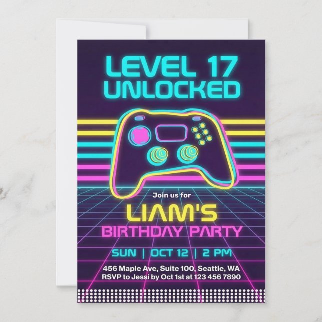 Invitación Teen Retro Neon Gamer Birthday Invitation for Boys (Anverso)