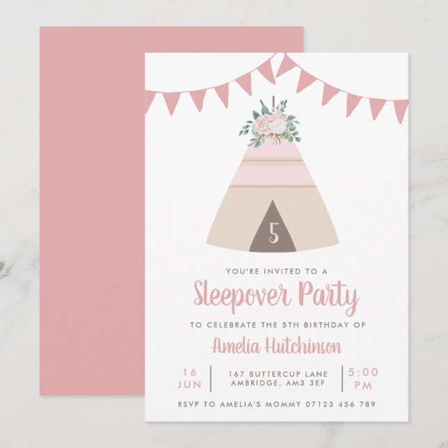 Invitación Teepee Fiesta Slumber Chicas Pink Floral Cumpleaño (Anverso / Reverso)