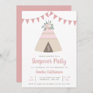 Invitación Teepee Fiesta Slumber Chicas Pink Floral Cumpleaño