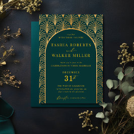 Invitación Tejido negro formal Oro Art Deco Bosque Verde