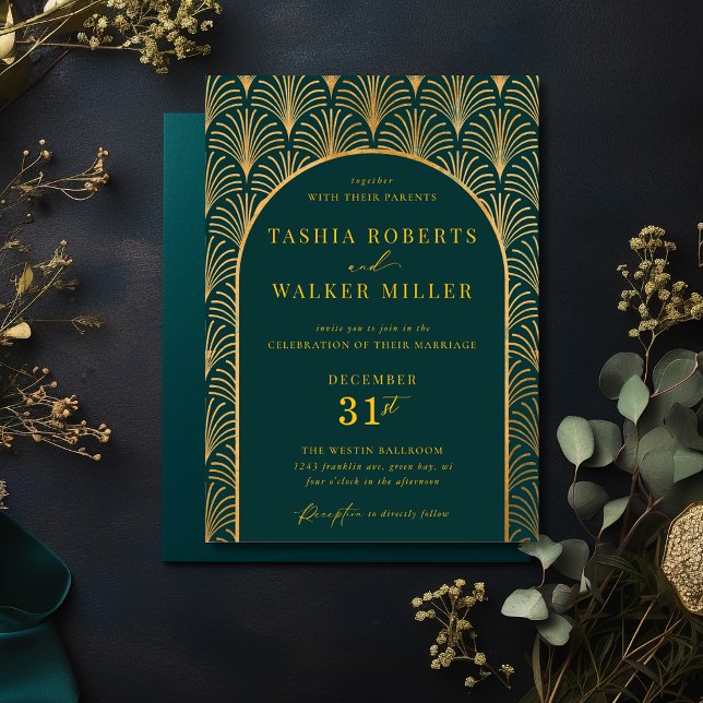 Invitación Tejido negro formal Oro Art Deco Bosque Verde (Forest and Gold Formal Black Tie Wedding Invitation)