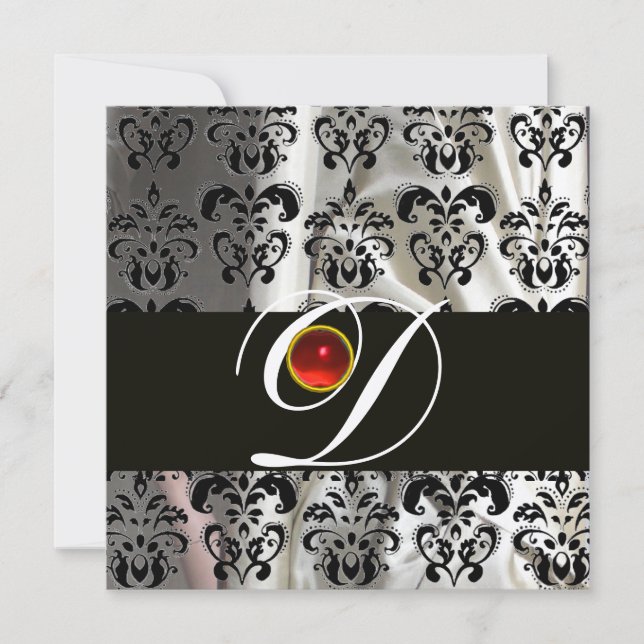 INVITACIÓN TELA DE DAMASCO DE SEDA NEGRA BLANCA MONOGRAMA ROJ (Anverso)