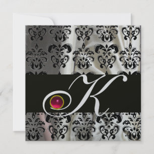 INVITACIÓN TELA DE DAMASCO DE SEDA NEGRA PLATA MONOGRAMA ROSA