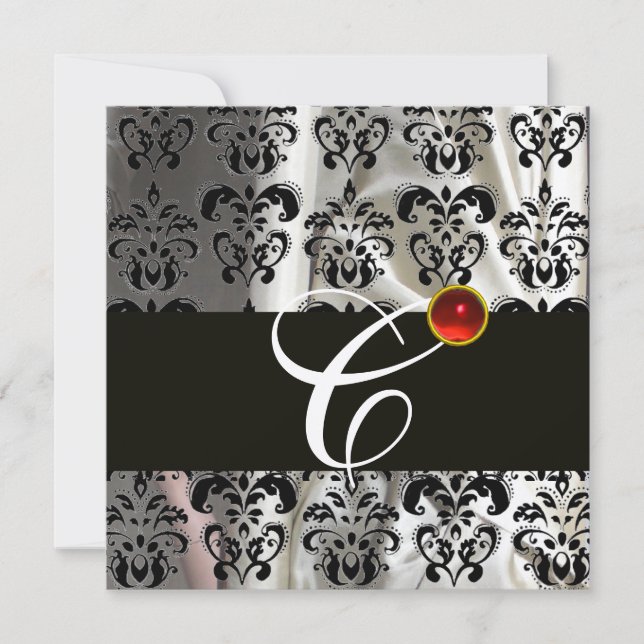 INVITACIÓN TELA DE DAMASCO DE SEDA PLATA NEGRA CON MONOGRAMA  (Anverso)