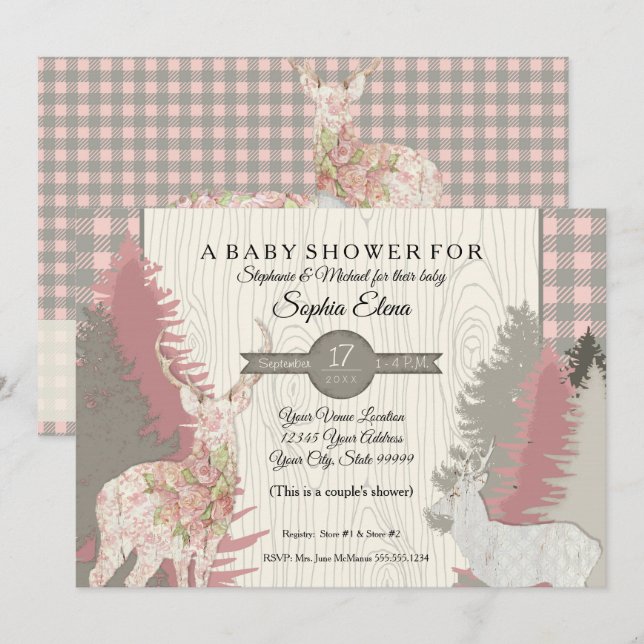 Invitación Tela escocesa Baby Shower del bosque del arbolado (Anverso / Reverso)