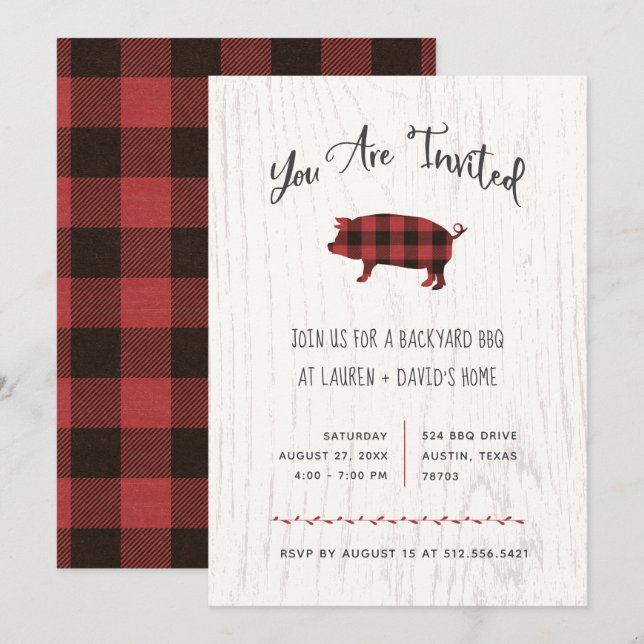 Invitación Tela escocesa roja rústica de moda del búfalo del (Anverso / Reverso)