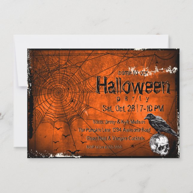 Invitación Telarañas de Halloween Grunge, Cuervo y Calavera (Anverso)