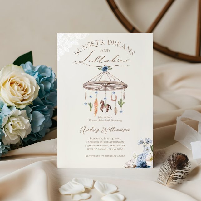 Invitación Teléfono móvil de la rueda del vagón ruso Boho Bab (Boho Rustic Wagon Wheel Mobile Western Baby Shower Invitation (Front))