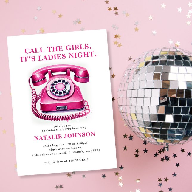 Invitación Teléfono Retro Rosa Llamada a las Chicas Fiesta de (Get ready to celebrate the bride-to-be with our Pink Retro Phone Bachelorette Party Invitation!)