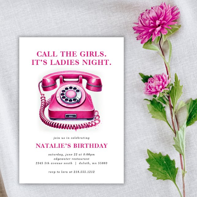 Invitación Teléfono Rotatorio Rosa Fuerte Llama a las Chicas  (Get the girls together with our Hot Pink Rotary Phone Birthday Invitation! Perfect for ladies' night)