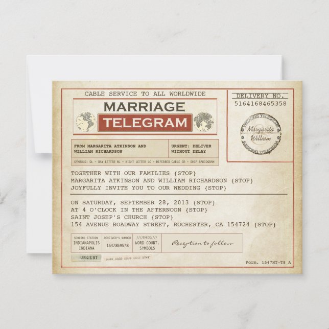 Invitación telegramas vintage de WEDDING (Anverso)