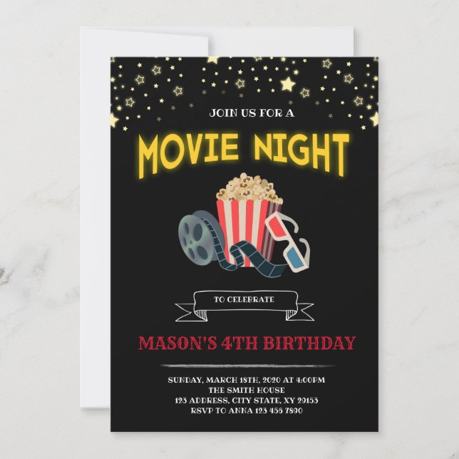 Invitación Tem del fiesta de la noche de película (Anverso)