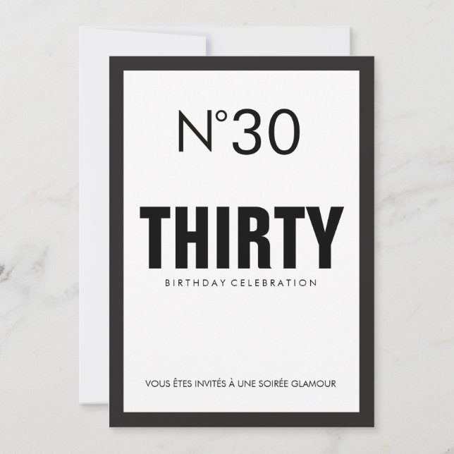Invitación Tema 30 de cumpleaños de PARÍS blanco y negro Fies (Reverso)