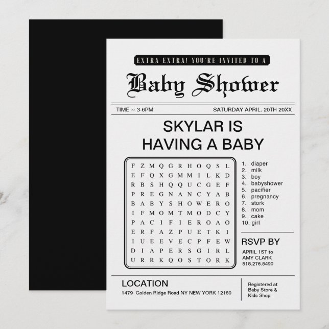 Invitación Tema adicional del periódico Baby Shower (Anverso / Reverso)
