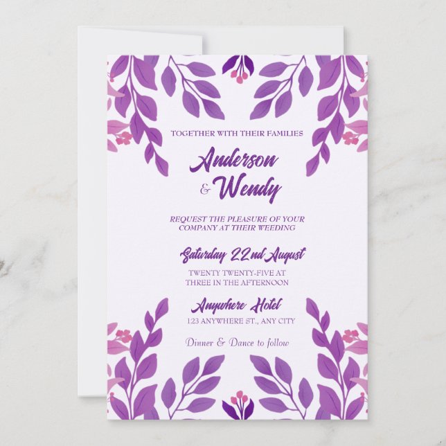 Invitación Tema Boda de hojas moradas (Anverso)