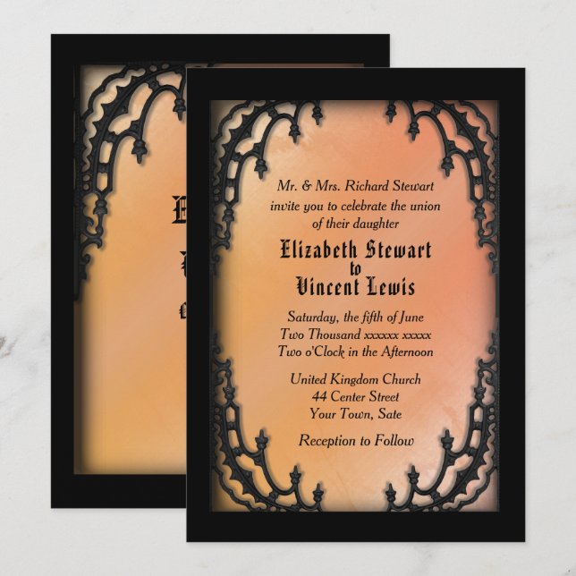 Invitación Tema Boda de Naranja gótico del barrio francés (Anverso / Reverso)