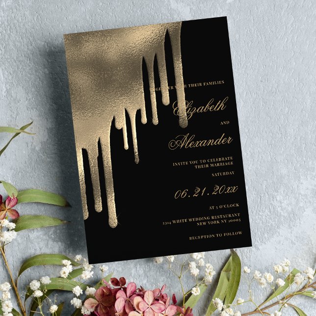 Invitación Tema boda del degradado de gradiente dorado negro  (Classy black gold gradient drips wedding theme invitation )