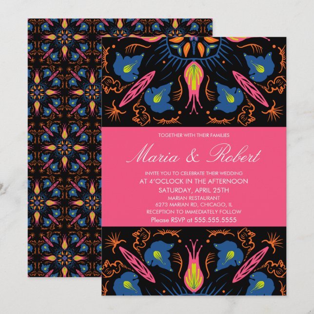 Invitación tema boda India Elefante Floral Negro (Anverso / Reverso)