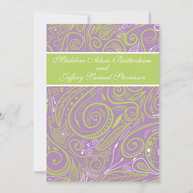Invitación tema boda paisley púrpura y lima (Anverso)