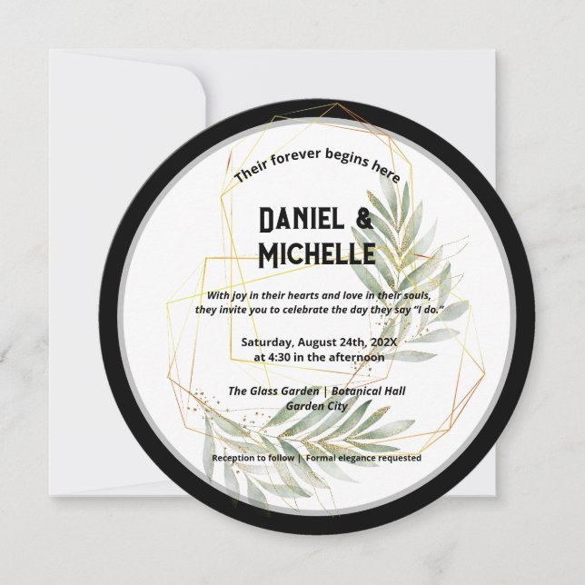 Invitación Tema botánico Boda de oro negro con arcos modernos (Anverso)