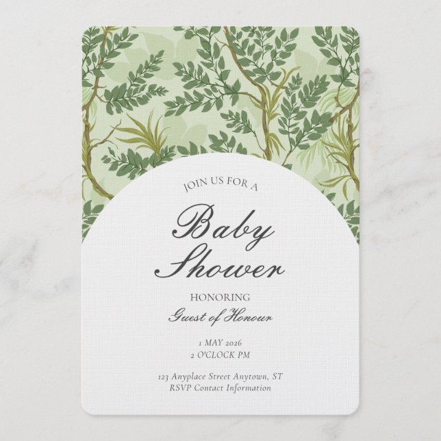 Invitación Tema Botánico de Árbol Neutro en Verde (Anverso)