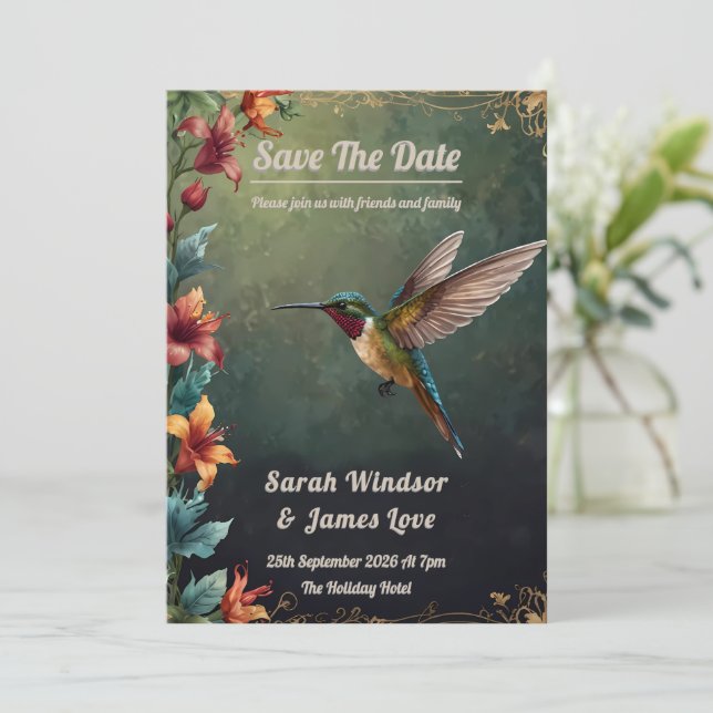 Invitación Tema Botánico Oscuro de Colibrí (Anverso de pie)