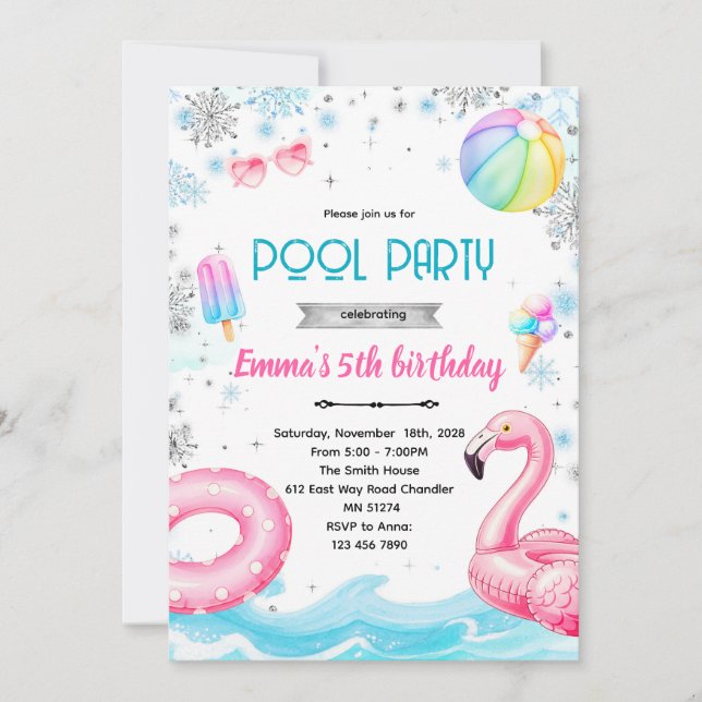 invitación tema chica de piscina de invierno (Anverso)