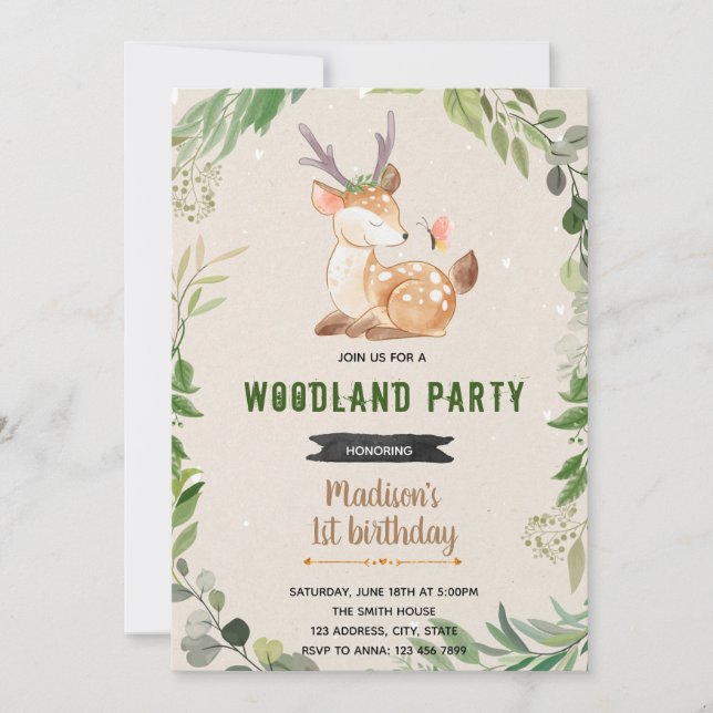 invitación tema ciervo bosque verde (Anverso)