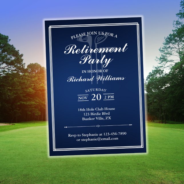 Invitación Tema clásico del golf de retiro blanco azul (Subido por el creador)