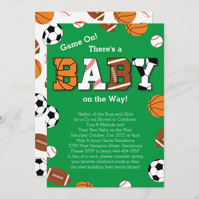 Invitación Tema compartido de Sports Baby Shower (Anverso / Reverso)