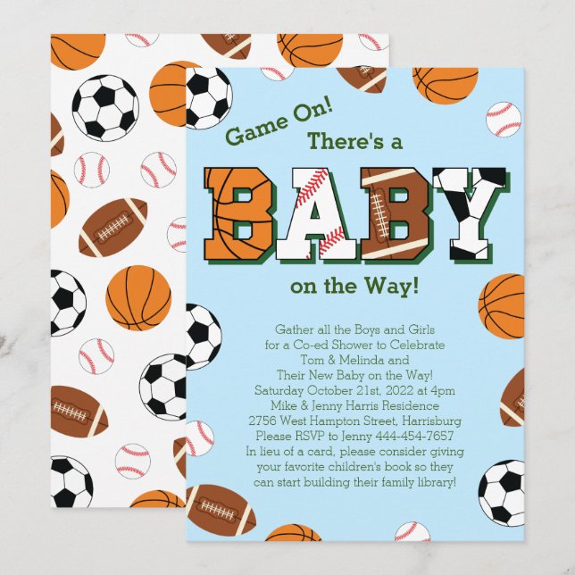 Invitación Tema compartido de Sports Baby Shower (Anverso / Reverso)