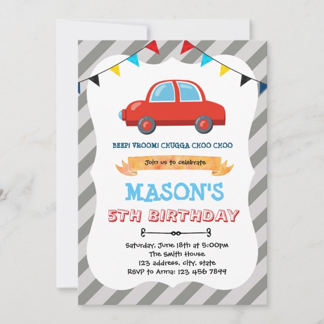 Invitación tema cumpleaños cochecito rojo (Anverso)