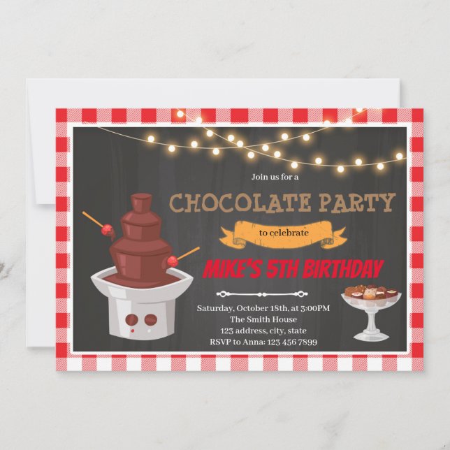 Invitación tema cumpleaños fuente de chocolate (Anverso)