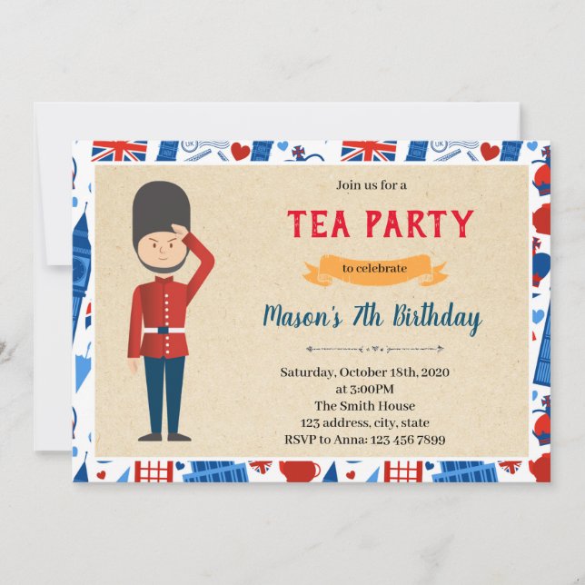 Invitación tema cumpleaños soldadito Londres (Anverso)