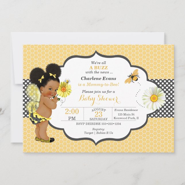 Invitación Tema de abeja amarillo oro punto bebita volantes (Anverso)