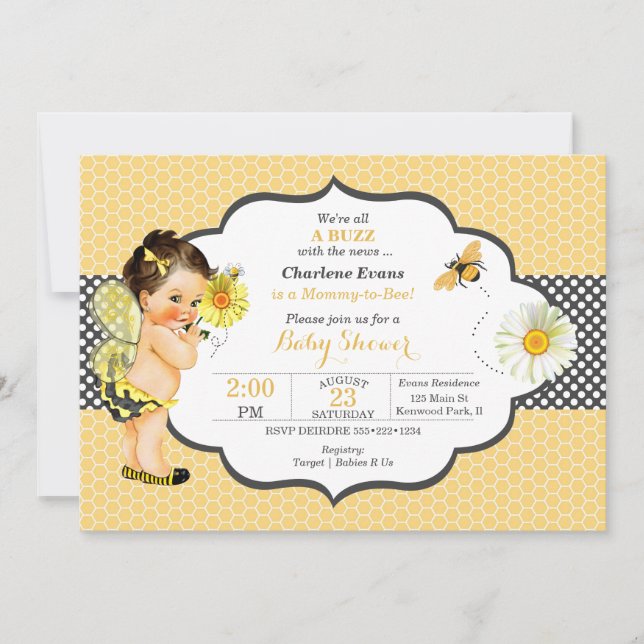 Invitación Tema de abeja amarillo oro punto niña bebé  (Anverso)