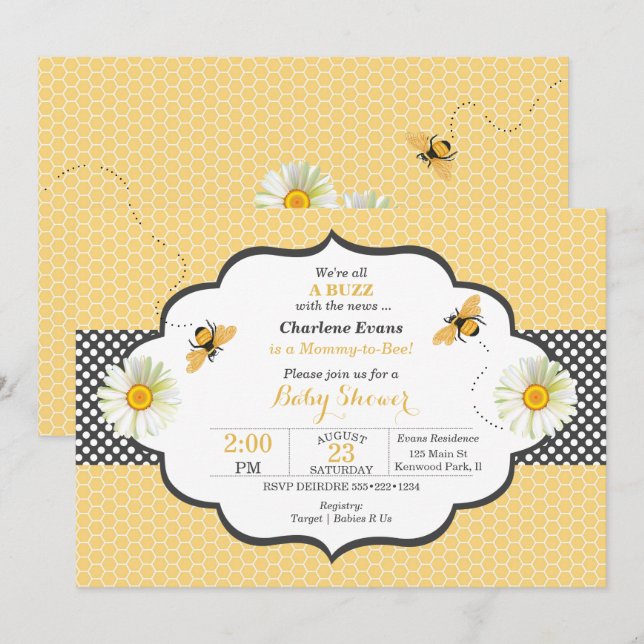 Invitación Tema de abeja panal de oro y gris de lunares (Anverso / Reverso)