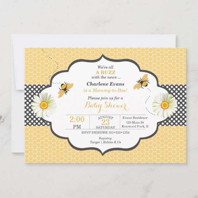 Invitación Tema de abeja panal oro y gris de lunares (Anverso)