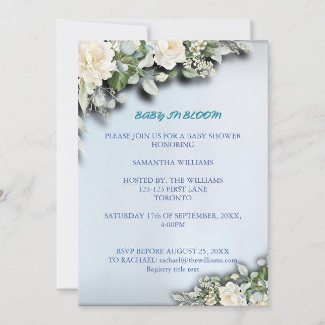 Invitación Tema de Acuarela Azul Floral (Anverso)