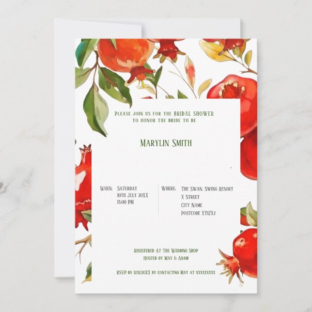 Invitación Tema de acuarela de granadas Colores brillantes (Anverso)